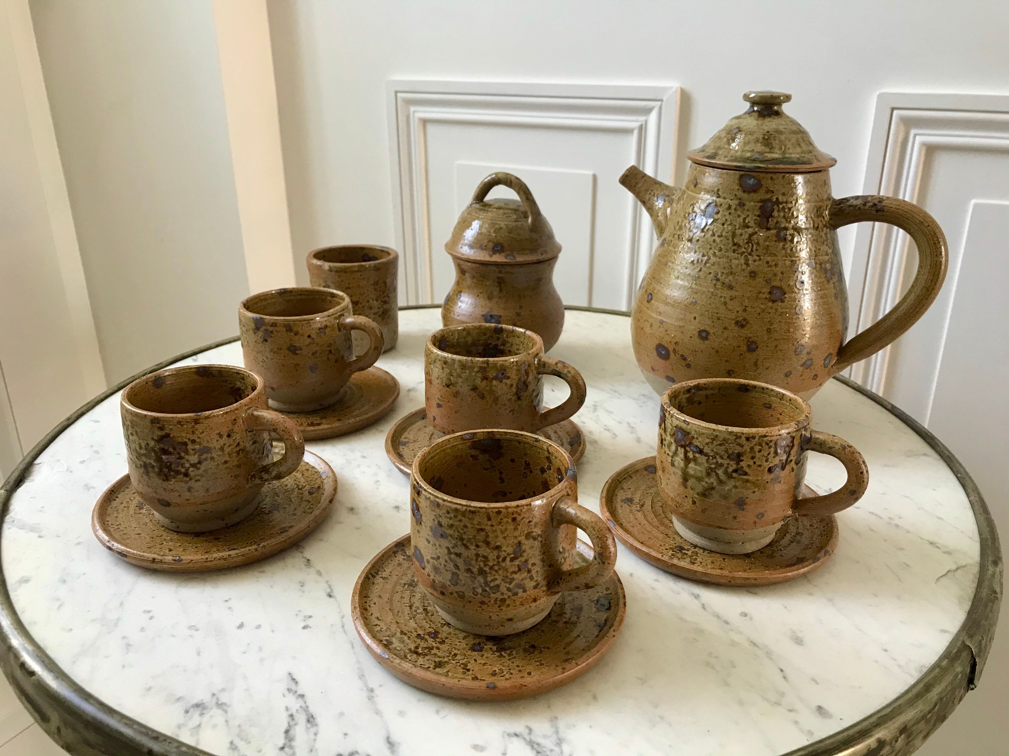 coffee service 6 cups and saucers, teapot and sugar bowl in ceramic / pottery / stoneware years 50-6