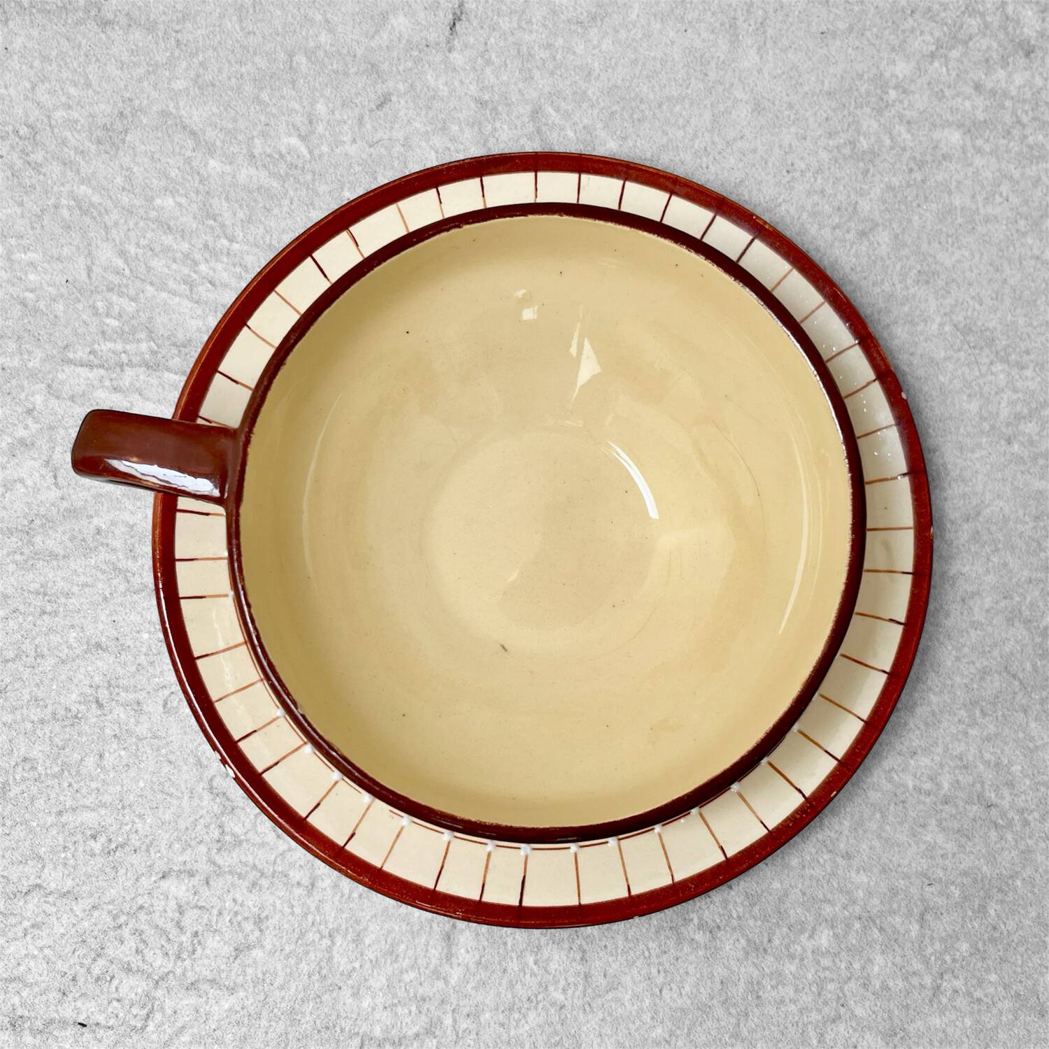 Vintage Longchamp Cup with Saucer – Cream and Brown Checkered Earthenware