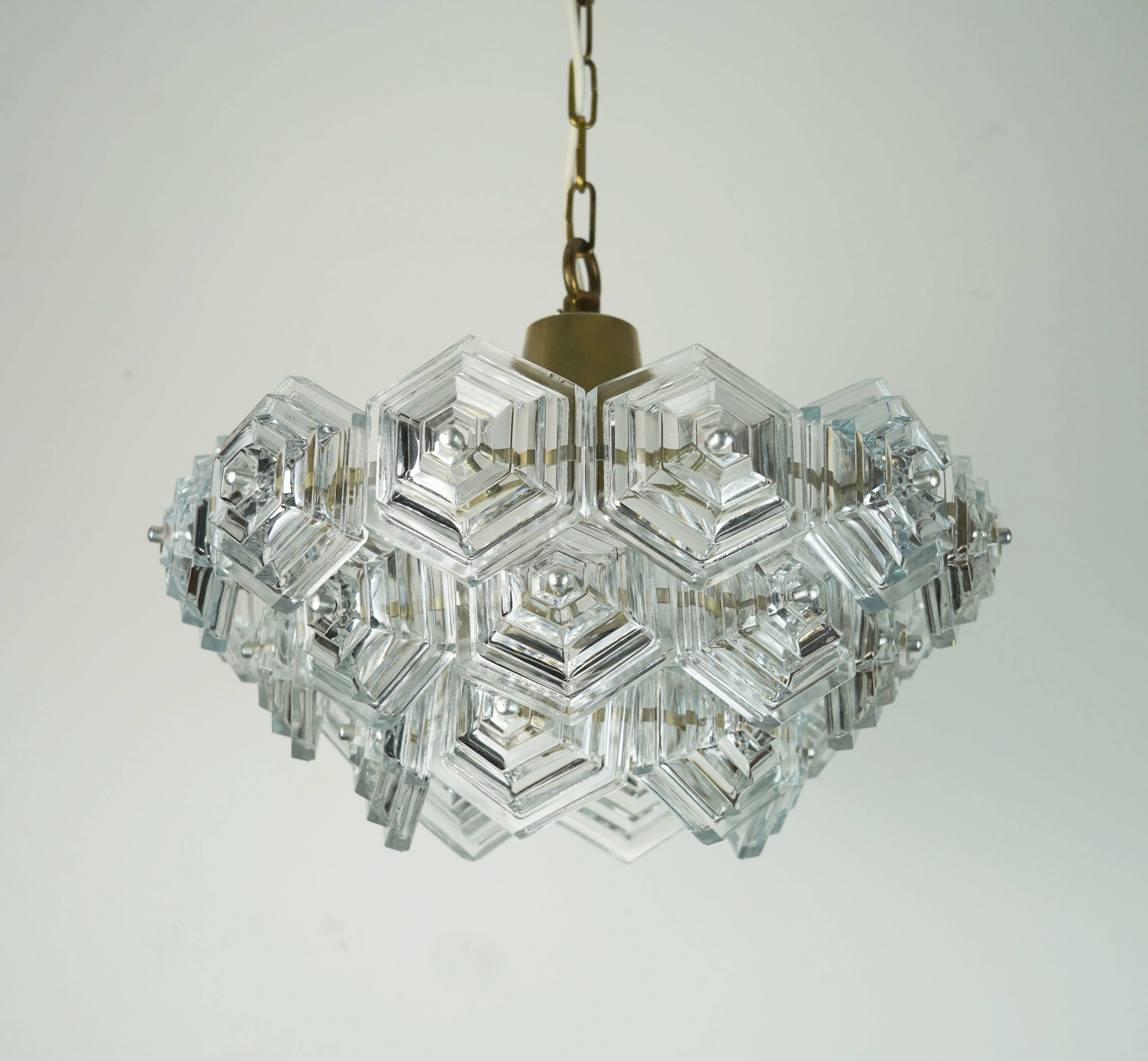 3-tier mid century pendant light with 27 hexagonal glass panels 1960s 70s