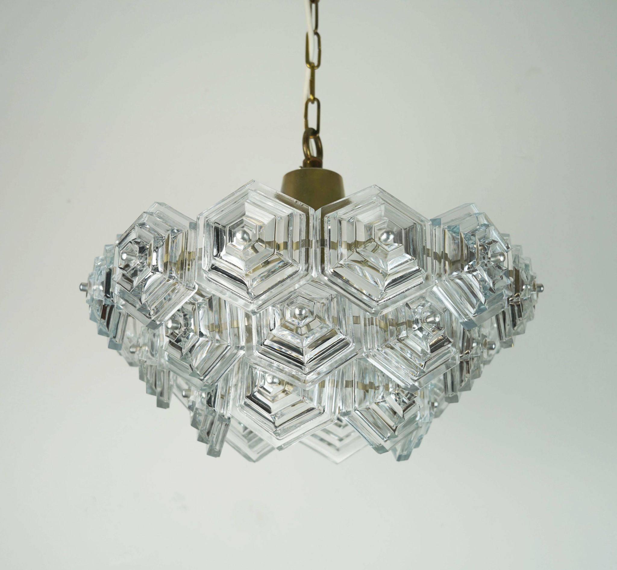 3-tier mid century pendant light with 27 hexagonal glass panels 1960s 70s