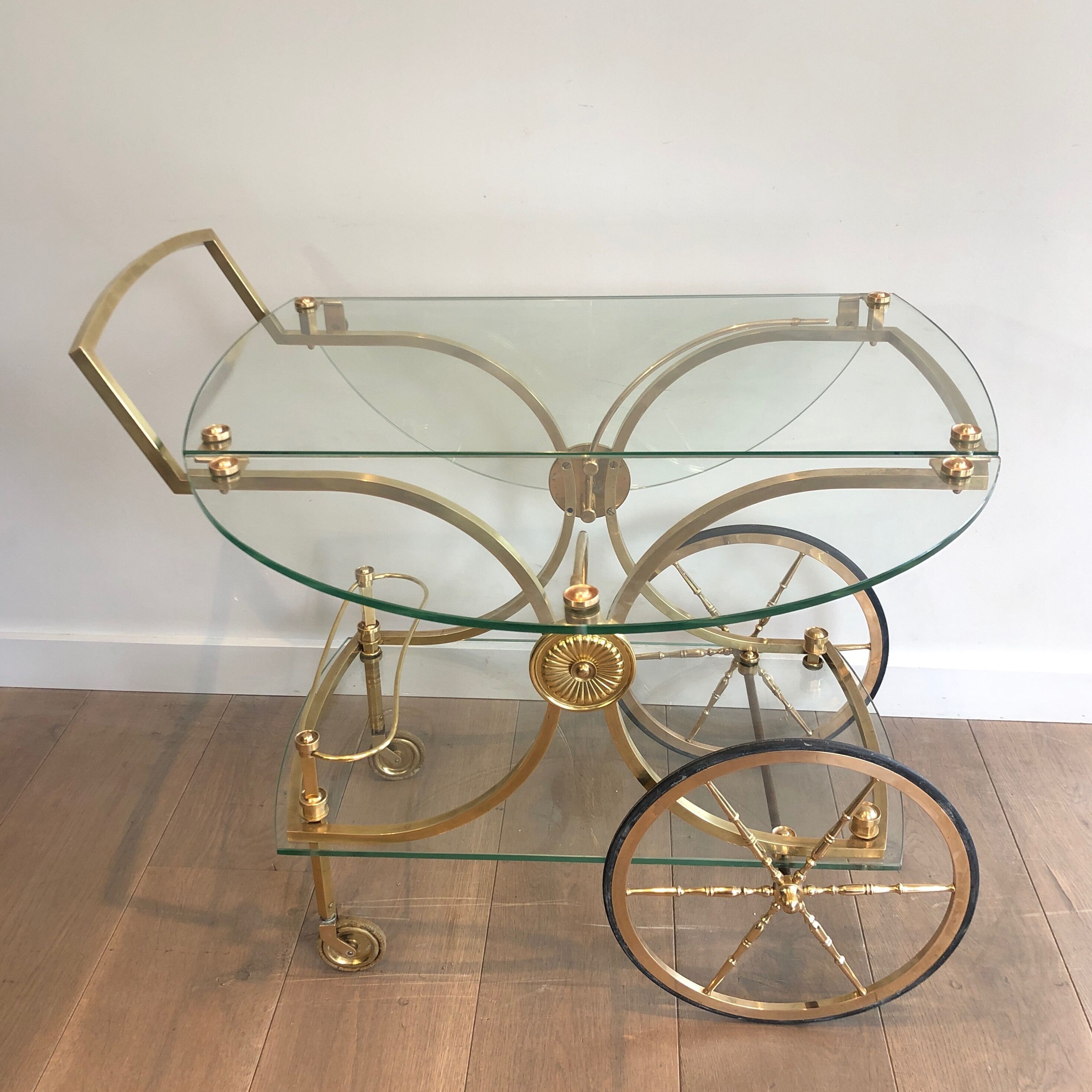 Neo classical style table in silver and gold metal and glass