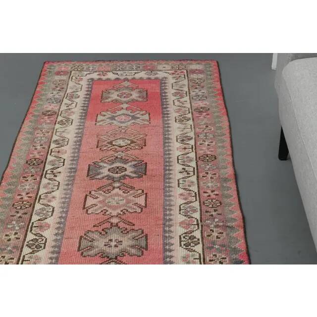 1970s Vintage Turkish Handmade Wool & Cotton Pink Runner Rug 82x359