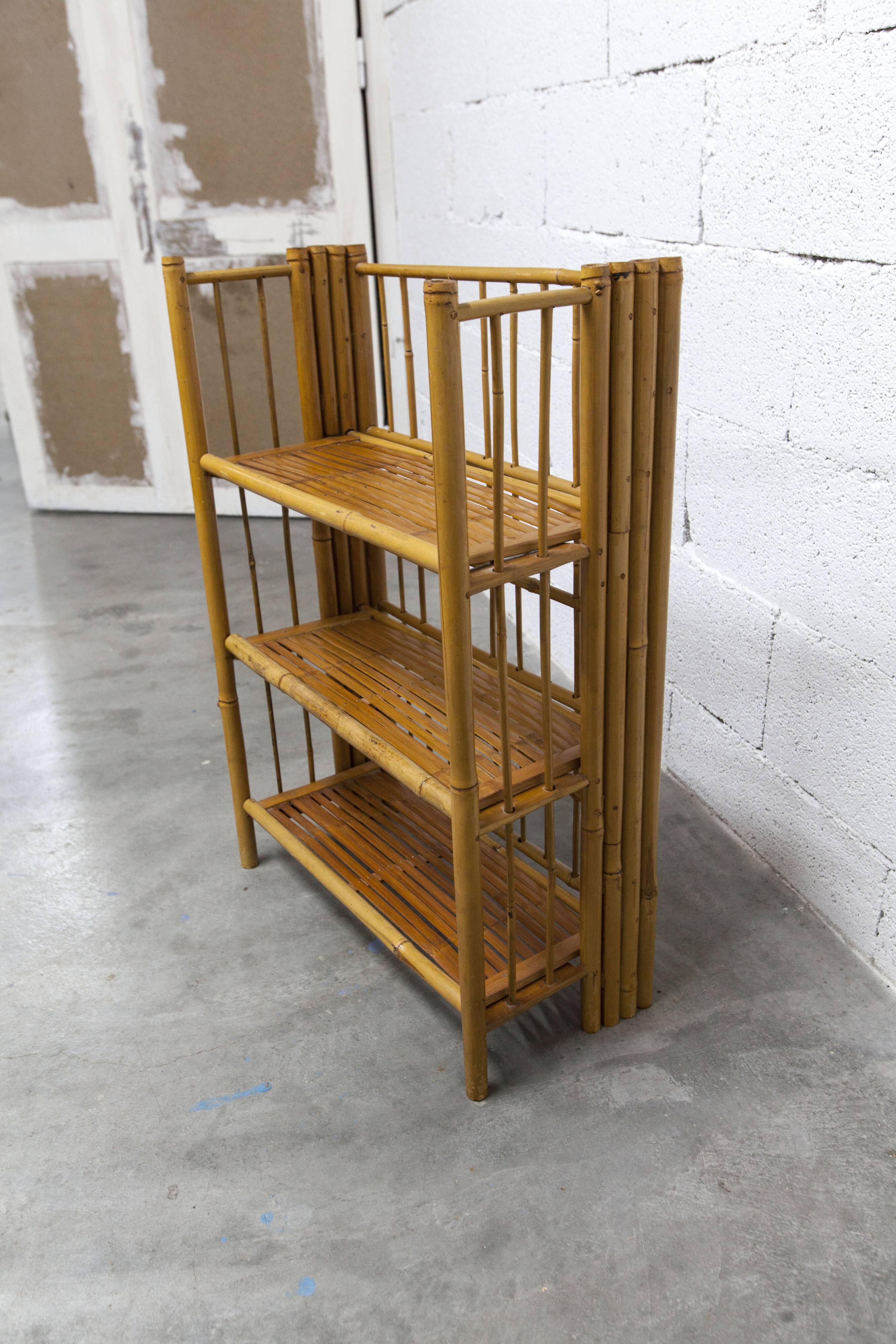 1970s honey-colored folding bamboo shelf