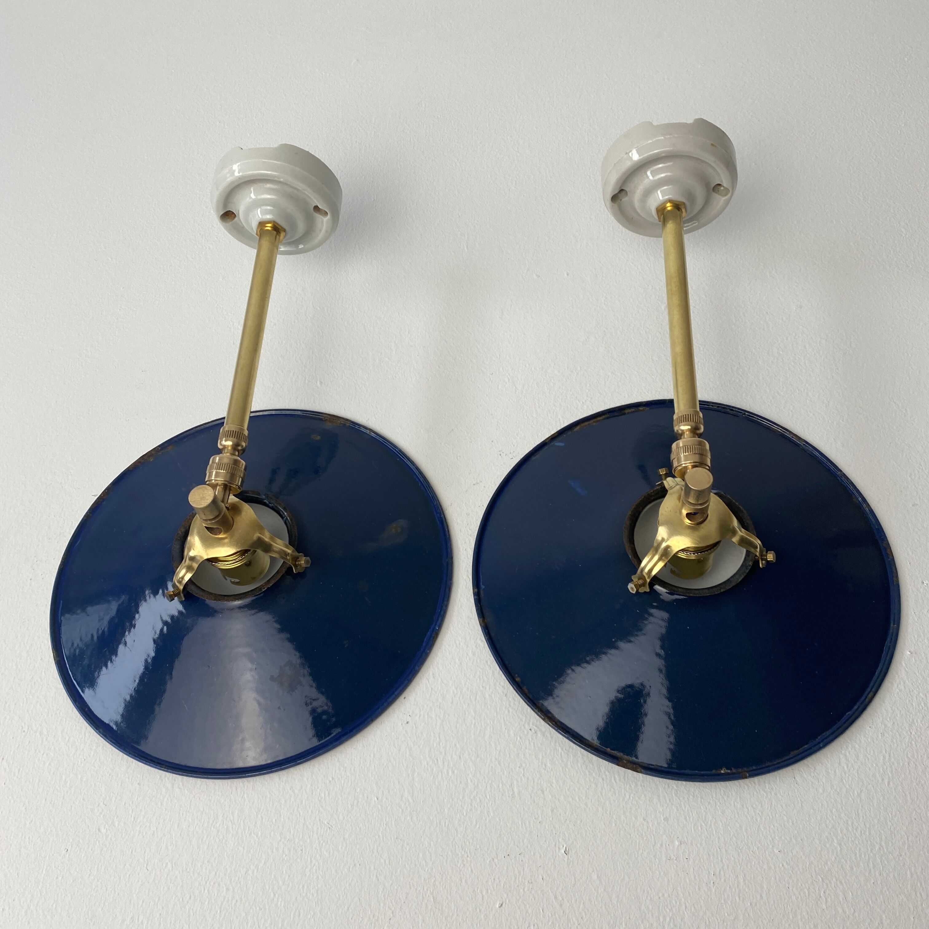 Pair of old vintage blue enamelled wall lamps