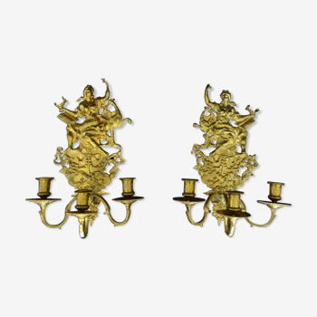 Pair of gilded bronze sconces Napoleon III with three arms of light 40 x 30 cm