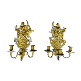 Pair of gilded bronze sconces Napoleon III with three arms of light 40 x 30 cm