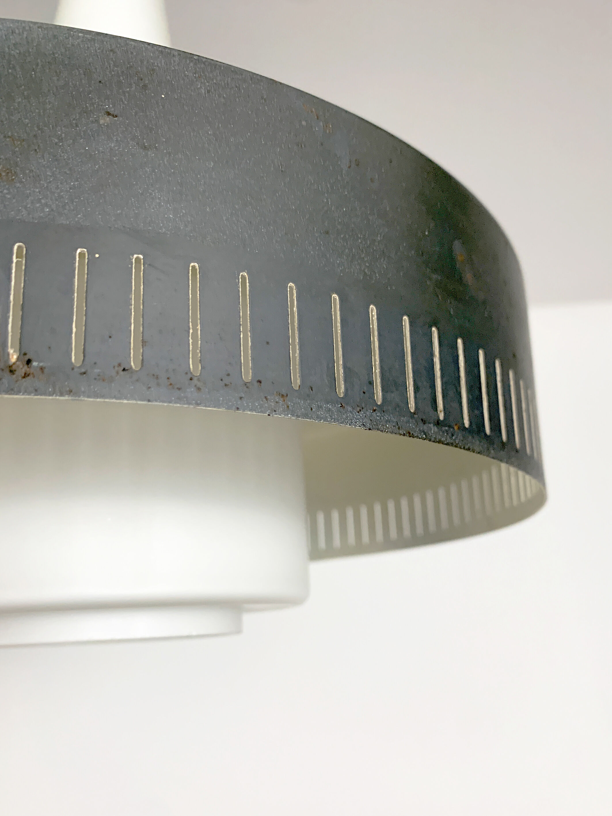Modernist pendant lamp opal glass and grey metal Bent Karlby for Lyfa, Denmark, 1950-60