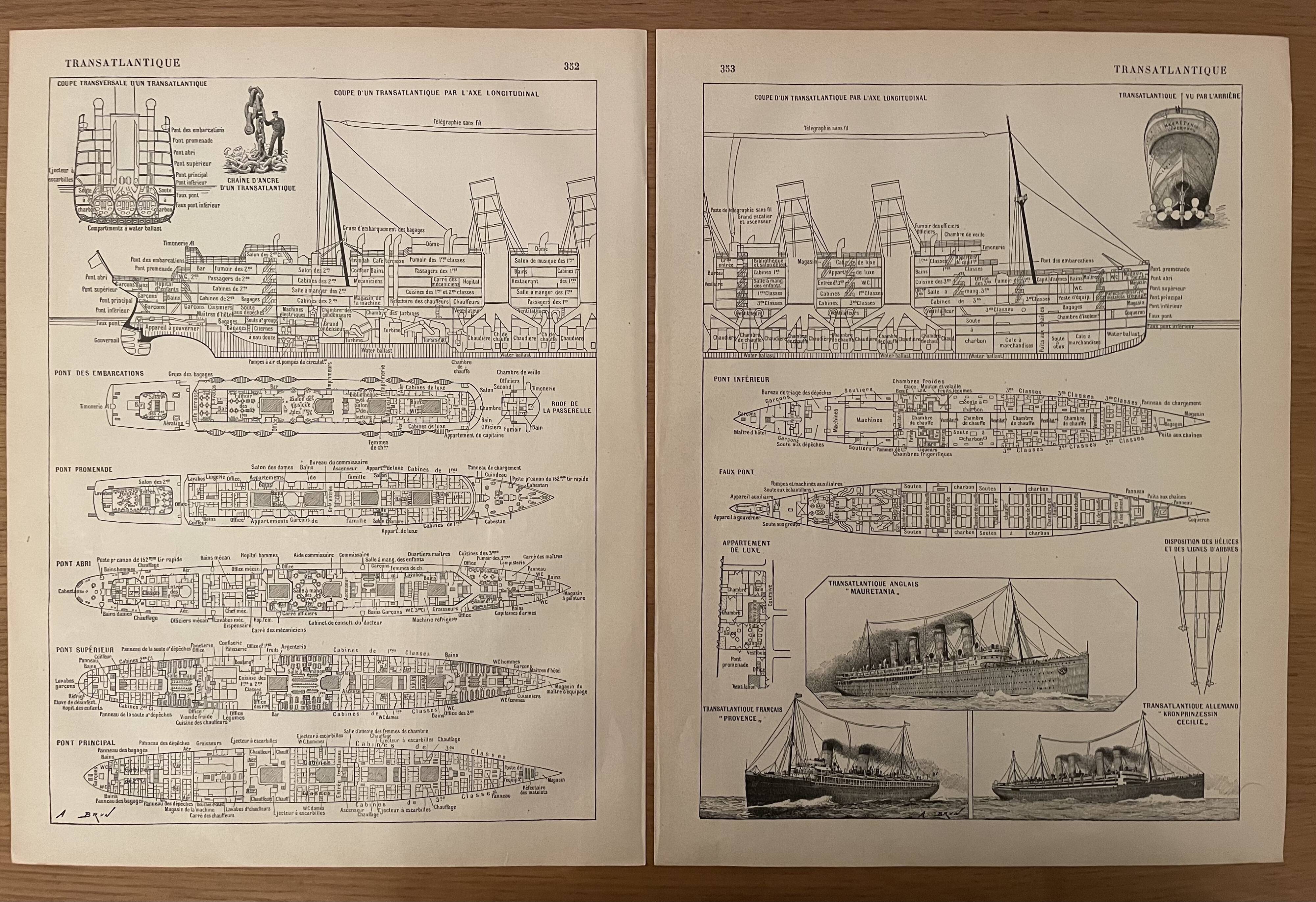 Set of 2 lithographs plan of the transatlantic liner of 1907