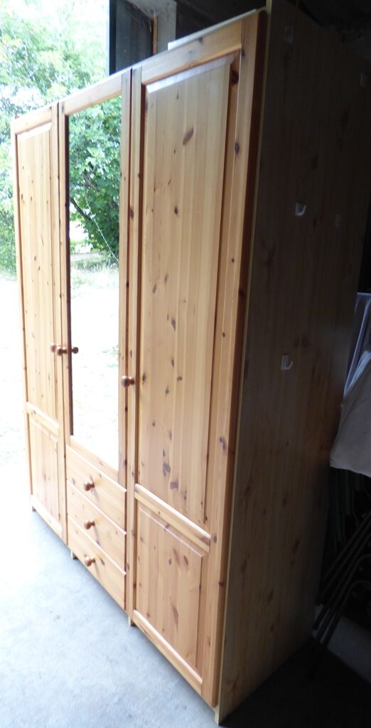 Wardrobe three doors, one with mirror, three drawers in solid pine wood