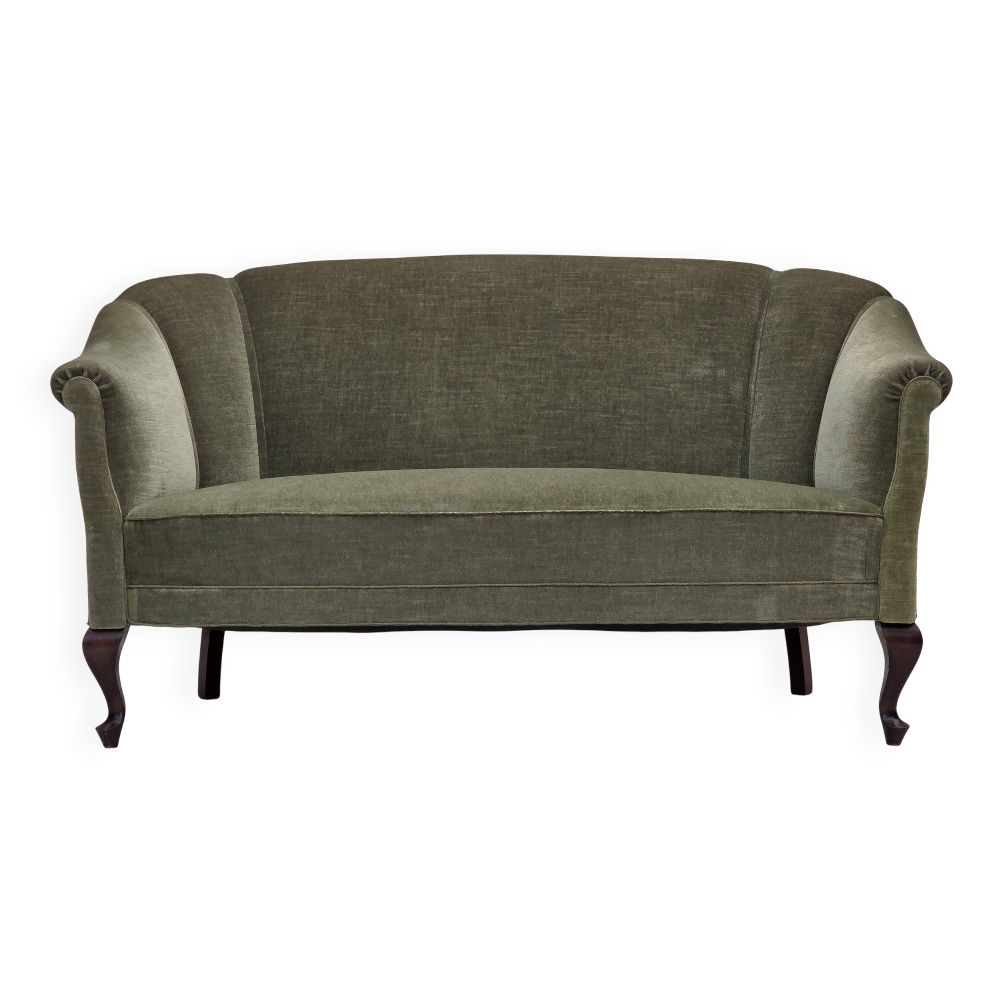 1960s, Danish 2-seater sofa, green furniture velour, beech wood.