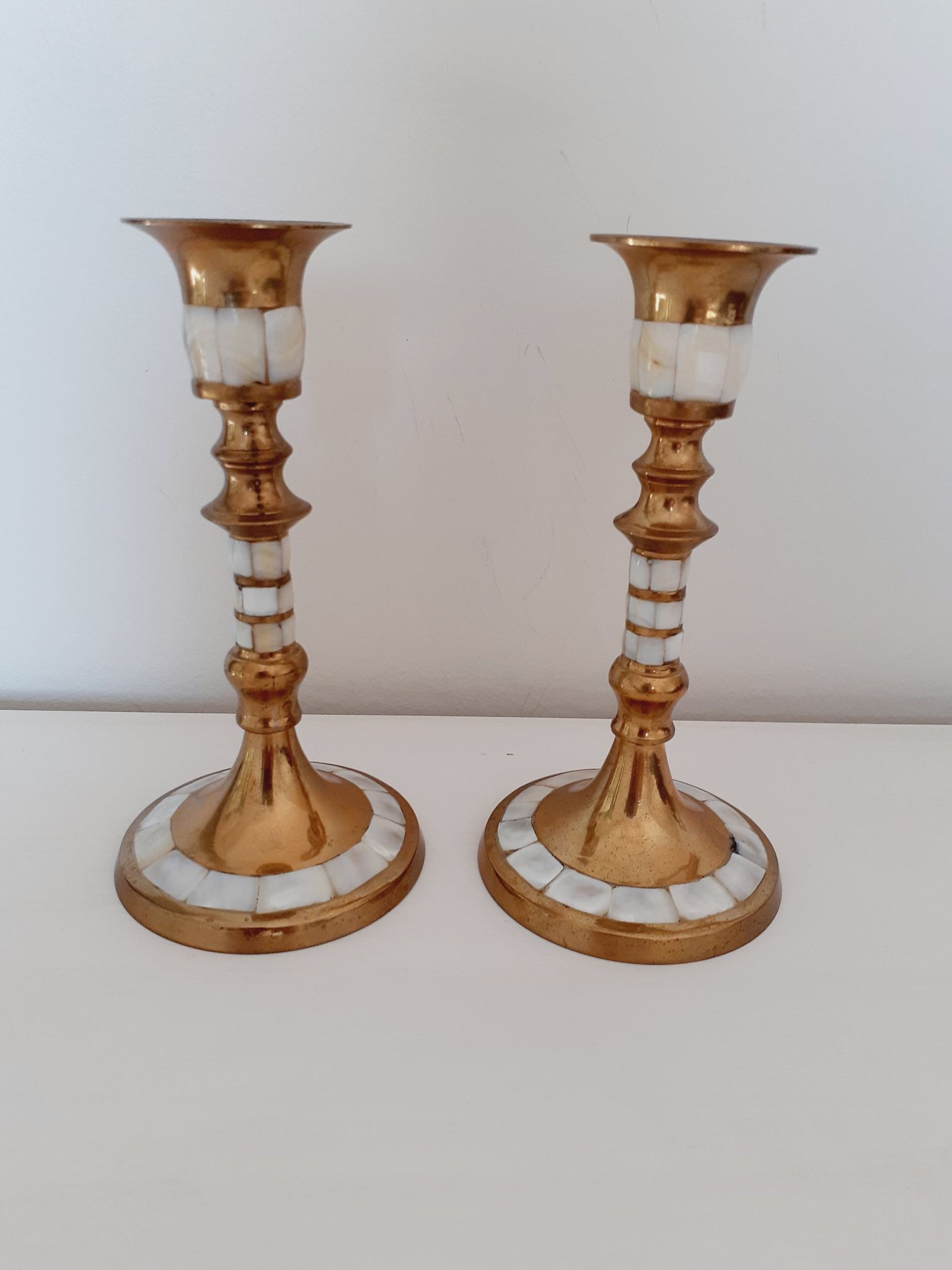 Pair of golden brass and mother-of-pearl candle holders