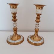 Pair of golden brass and mother-of-pearl candle holders