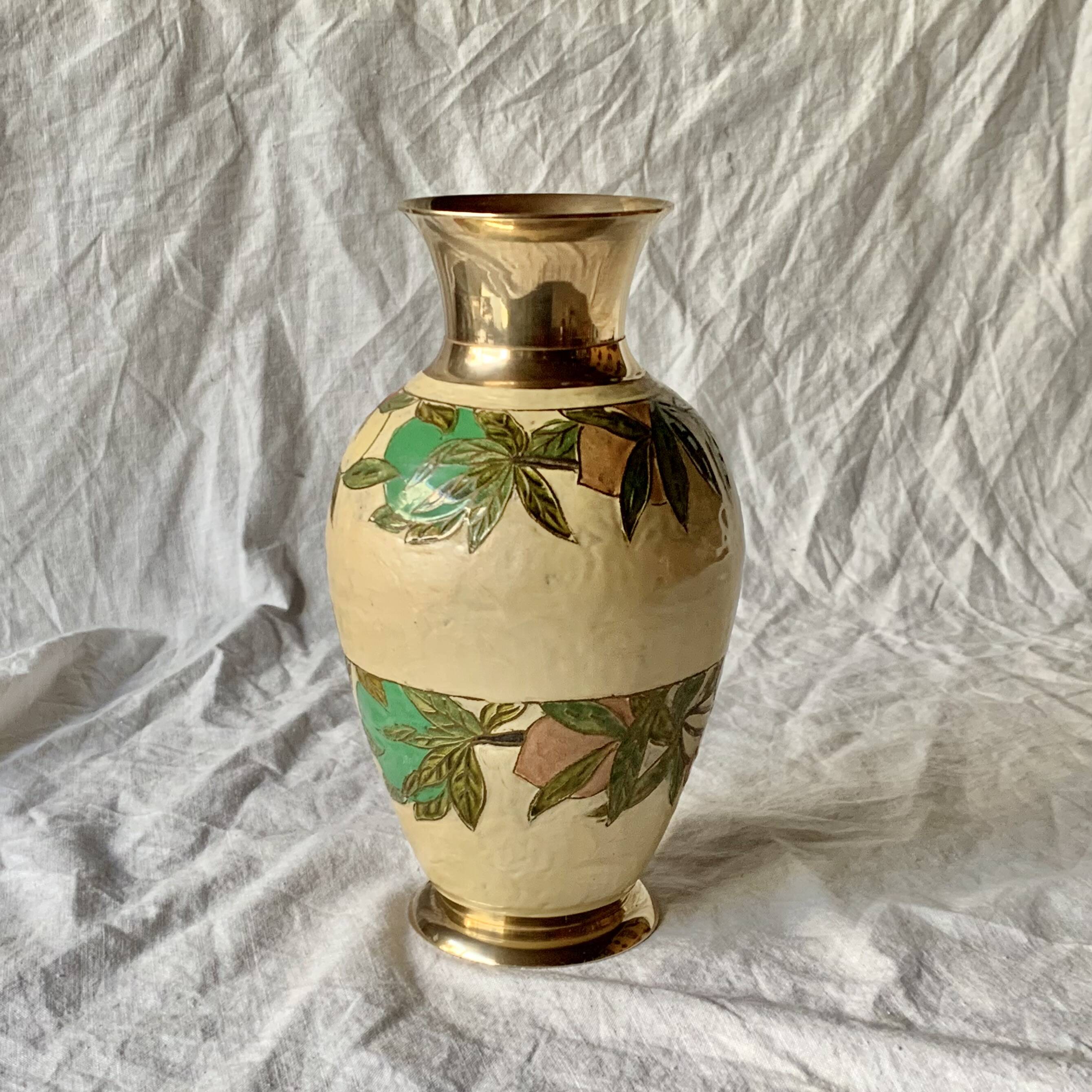 Vintage brass vase with cloisonné enamel floral decoration