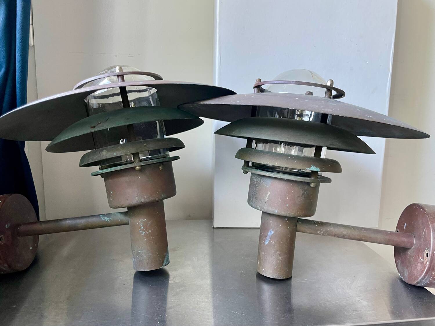 Pair large classic danish mcm outdoor wall lamps in  copper