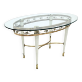 Table basse en laiton avec plateau en verre ovale dans le style de Pierluigi Colli, Italie