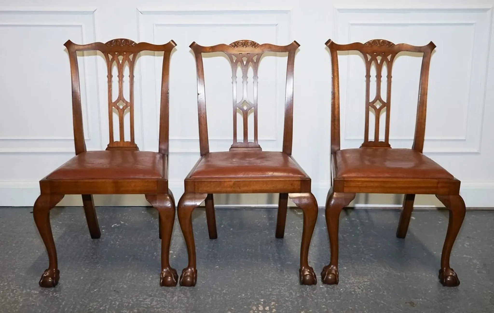 Chippendale Style Dining Chairs with Leather Seats, Set of 5