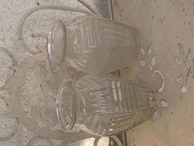 Two hyacinth vases in molded glass with vintage geometric patterns