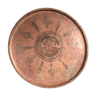 Islamic art tray with ornaments in copper and tin pewter traces