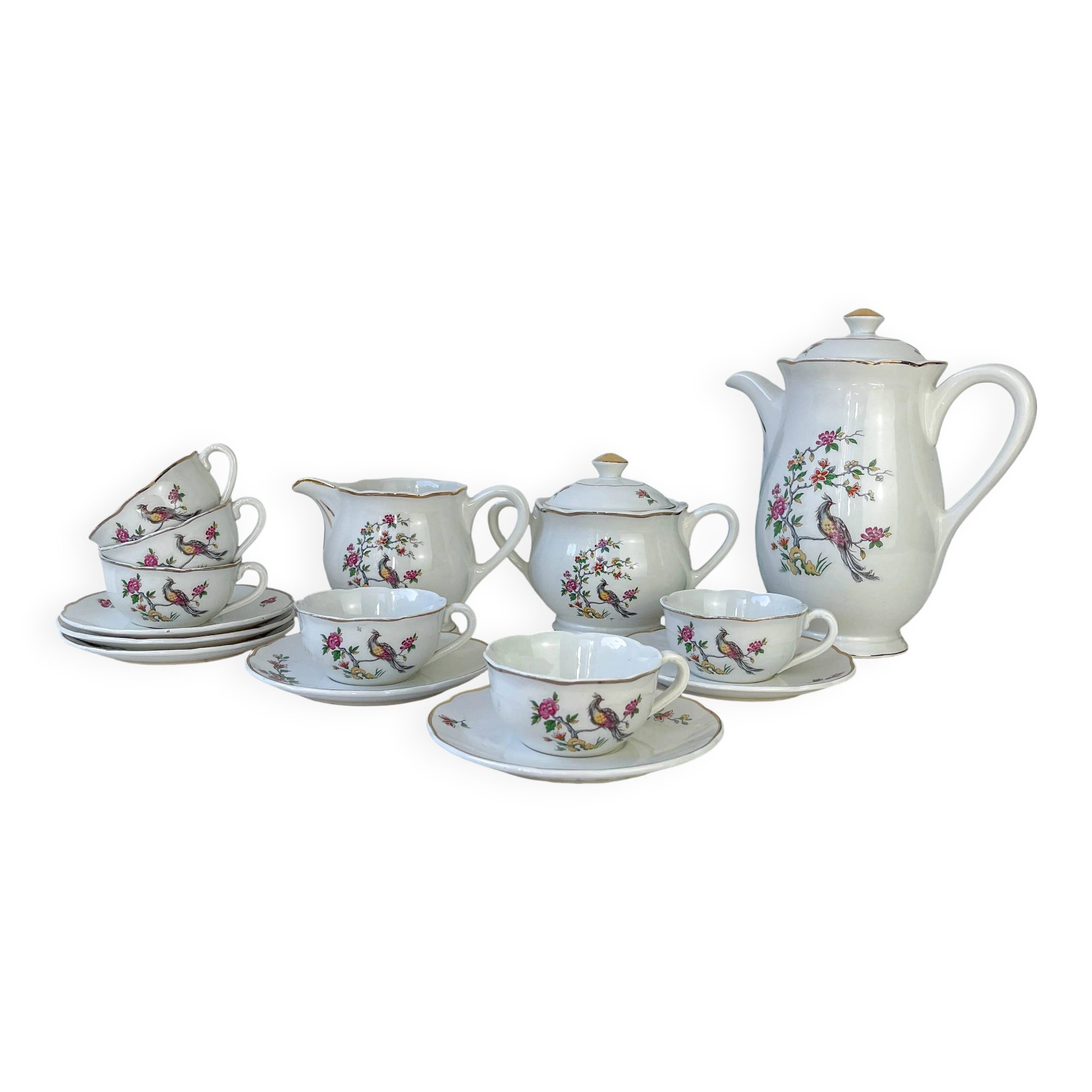 Service à thé vintage Digoin Sarreguemines – Modèle Corde – Motif Oiseau de Paradis