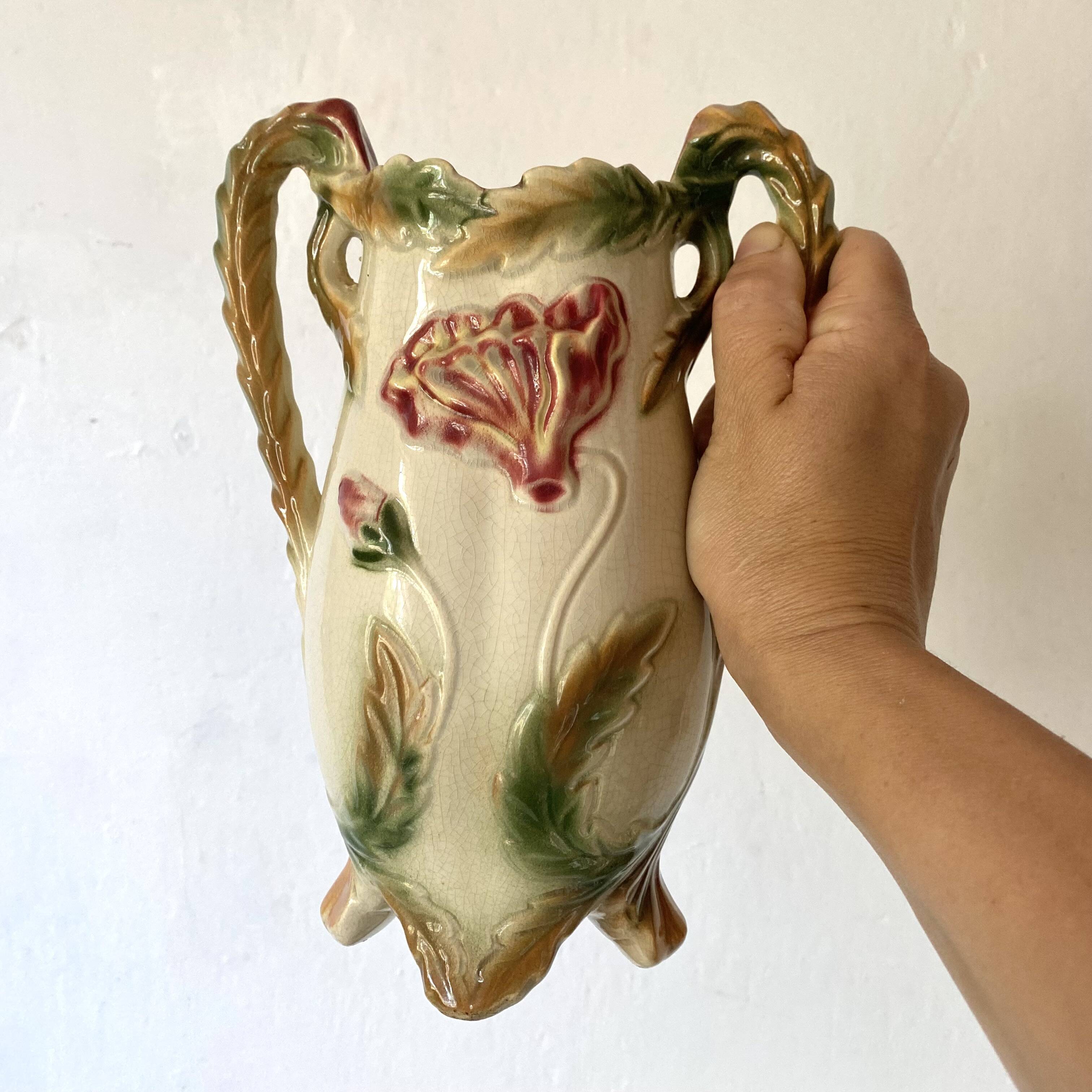 Pair of slipware vases, art nouveau fireplace decoration