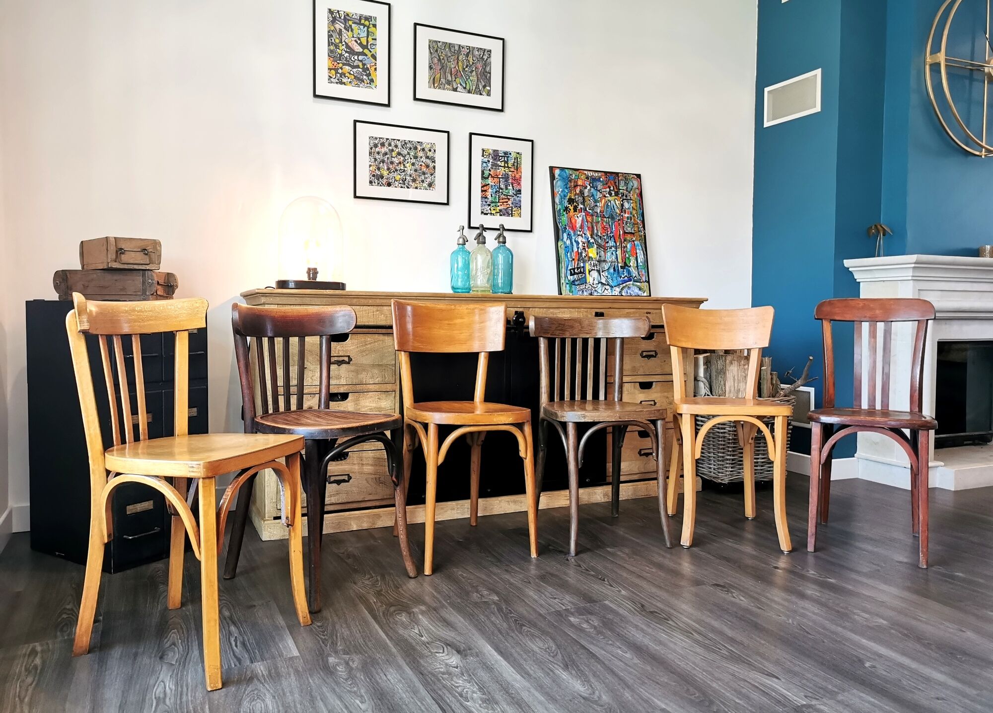 Baumann Stella and Luterma series of 6 mismatched bistro chairs