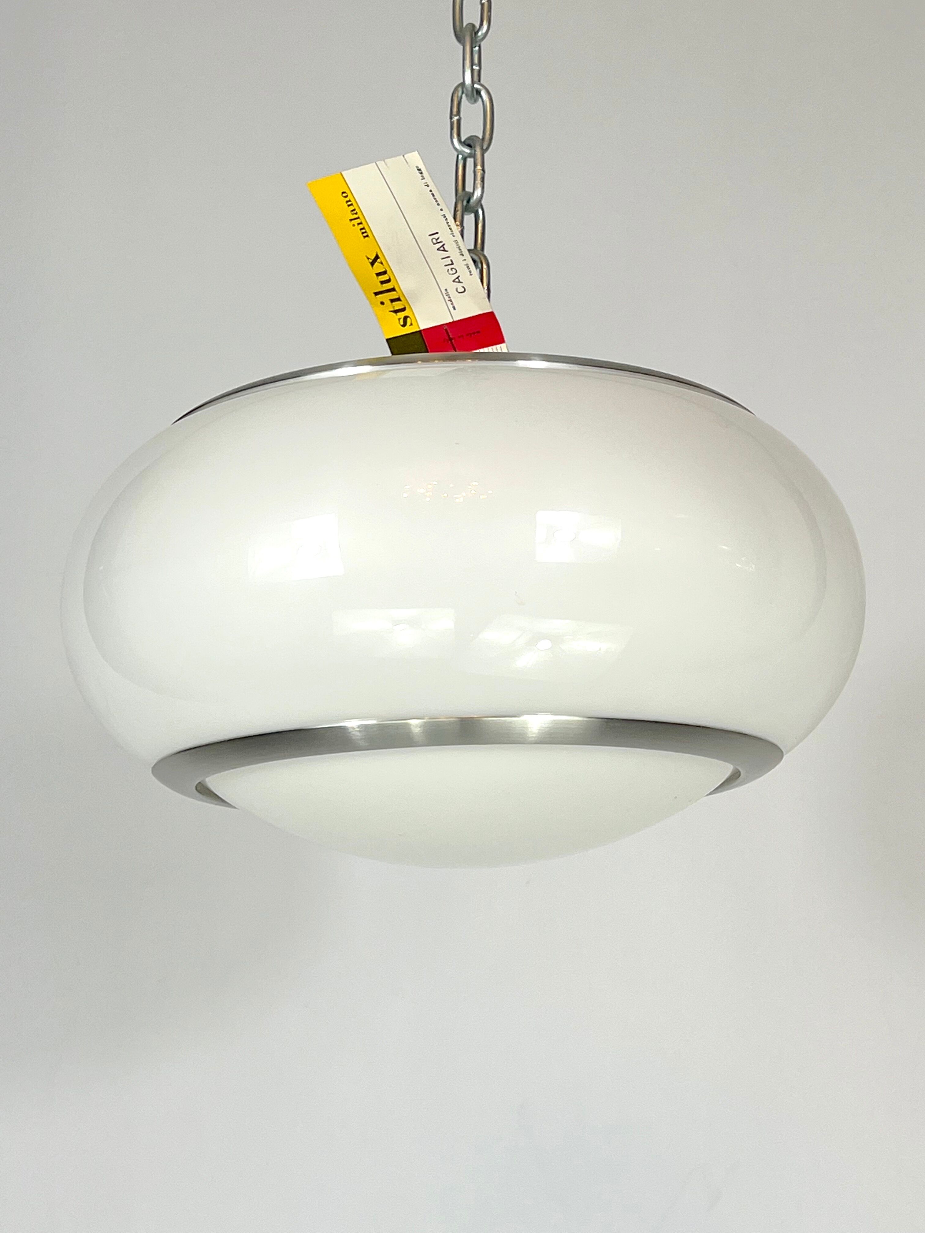 Stilux Milano, white perspex and aluminum ceiling lamp from 60s