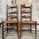 Pair of Rustic Antique Turned Wood Chairs + Woven Straw Seat Wine