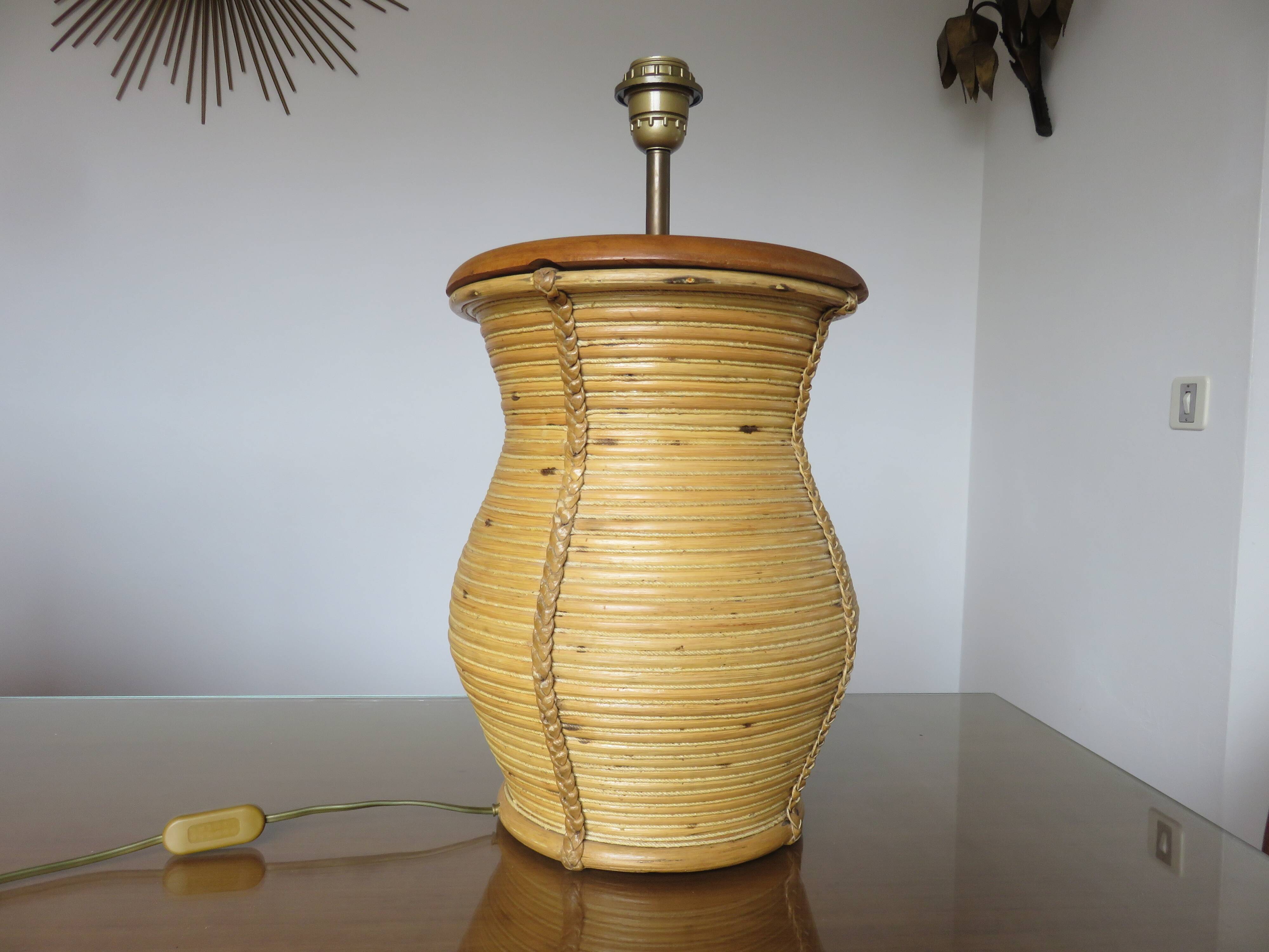 Rattan, leather, rope, and wood lamp in the style of Gabriella Crespi 60-70.