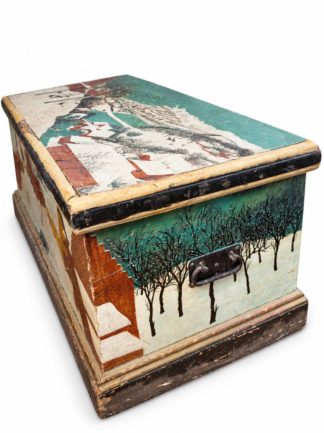 Antique chest hand-painted with a snowy village scene and a starry interior.