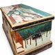 Antique chest hand-painted with a snowy village scene and a starry interior.