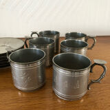 6 cups and sub-cups in pewter motifs birds and flowers and Chinese inscription
