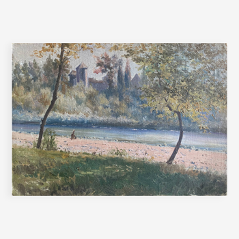 Tableau HST/P "Bord de rivière animé et arboré avec fortification" (XX°)