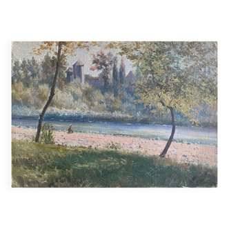 Tableau HST/P "Bord de rivière animé et arboré avec fortification" (XX°)