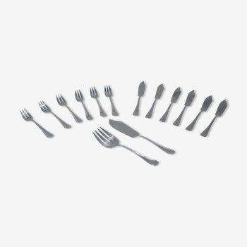 Fish service and its 6 silver metal cutlery model cross ribbons