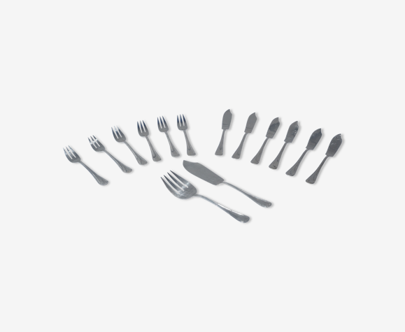Fish service and its 6 silver metal cutlery model cross ribbons