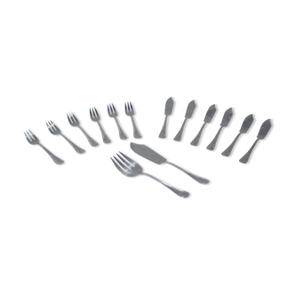 Fish service and its 6 silver-plated cutlery, crossed ribbon model