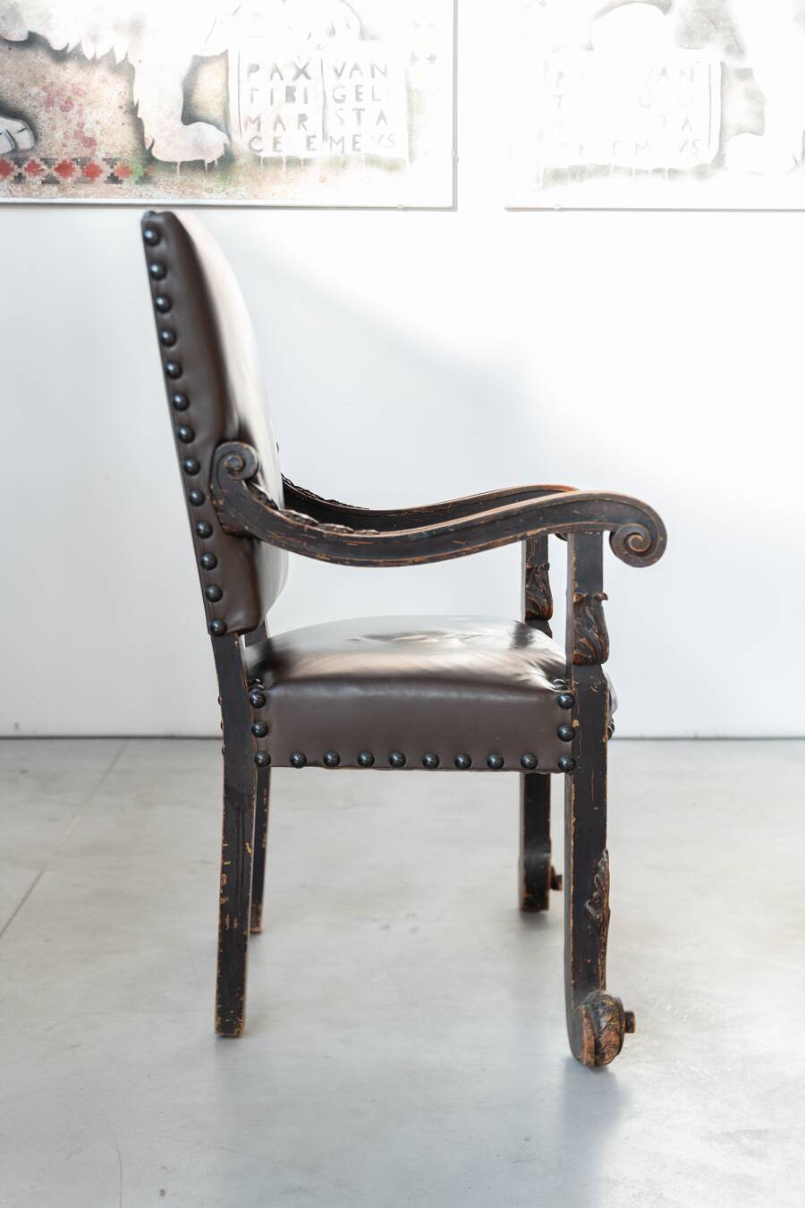 19th century beechwood, metal, and leather throne