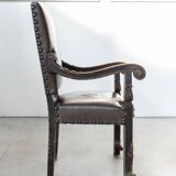19th century beechwood, metal, and leather throne