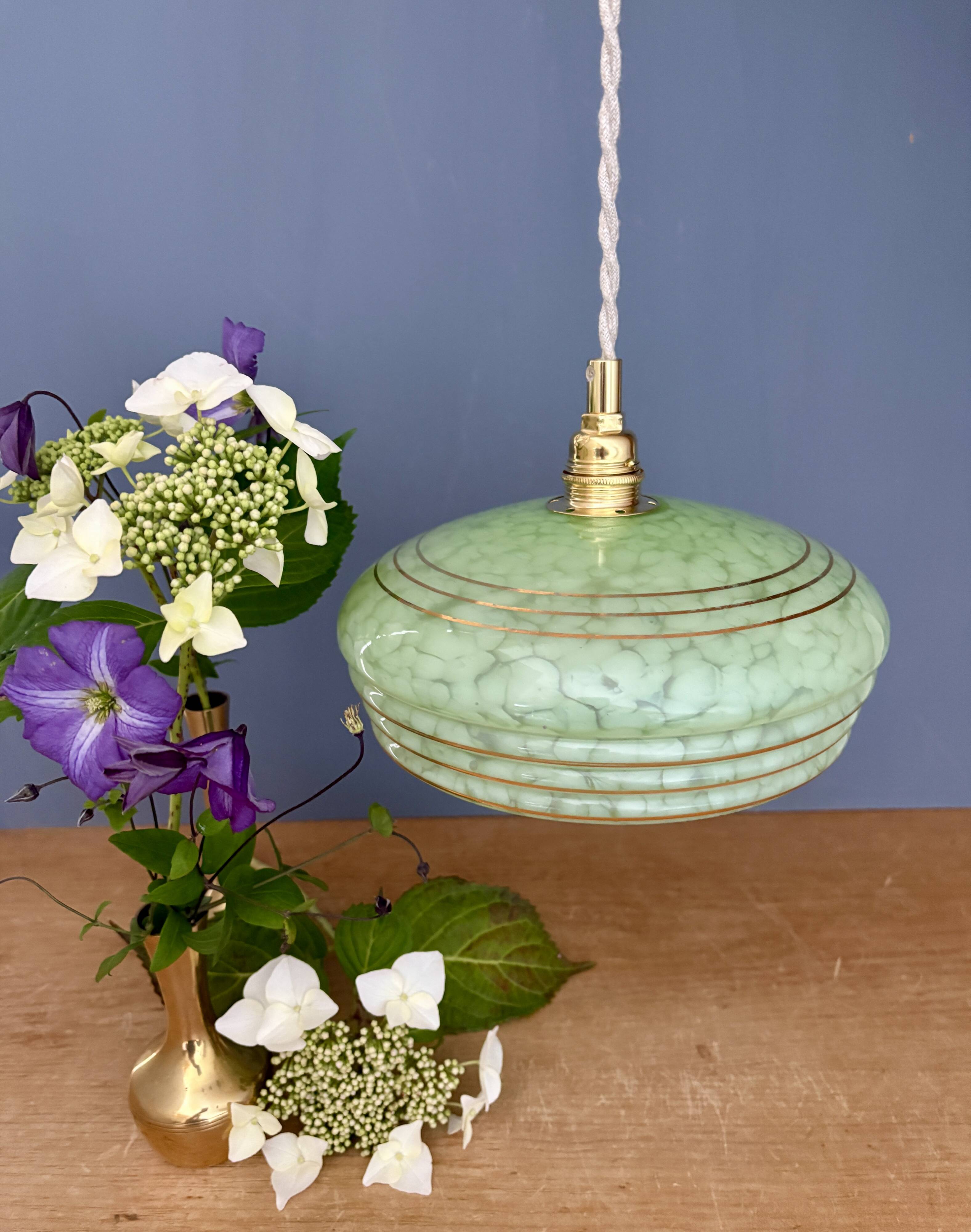 Vintage green and gold Clichy glass lampshade pendant light