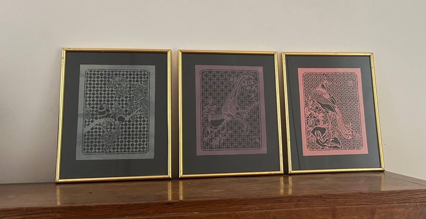 3 bird paintings in vintage Chinese cut paper