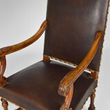 Louis XIII office armchair in leather and walnut carved around 1860