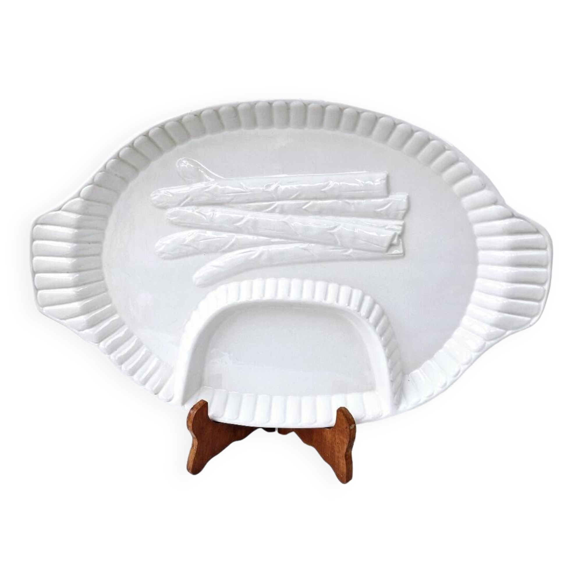 Grand plat a asperges compartimenté vintage blanc céramique barbotine 43.5x28 cm
