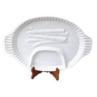 Large compartmented asparagus dish vintage white ceramic slush 43.5x28 cm