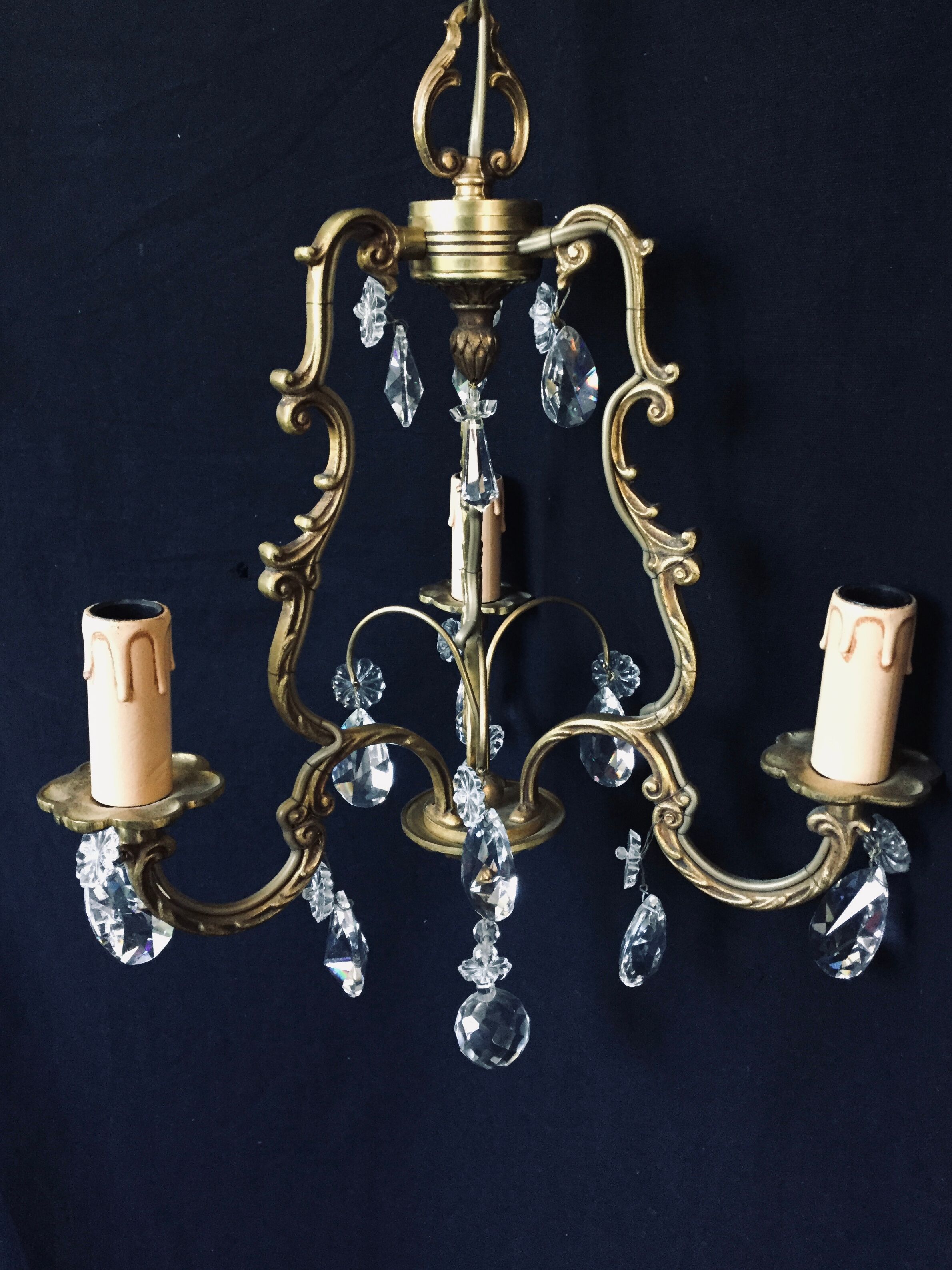 Bronze and crystal 3 light cage chandelier