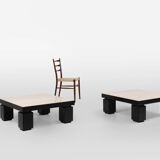 Set of 2 mid-century coffee tables in oak with travertine top