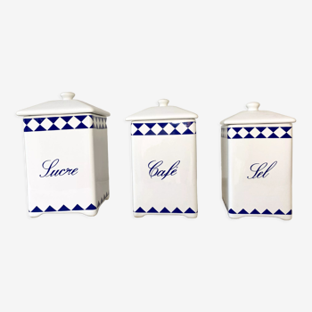 Lot de 3 pots à épices bleu et blanc porcelaine