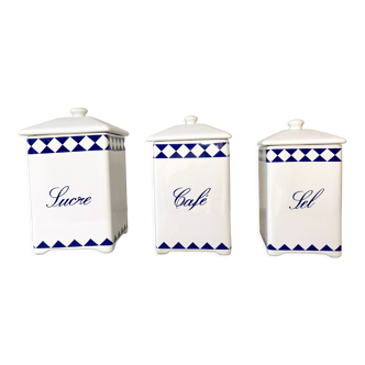 Lot de 3 pots à épices bleu et blanc porcelaine