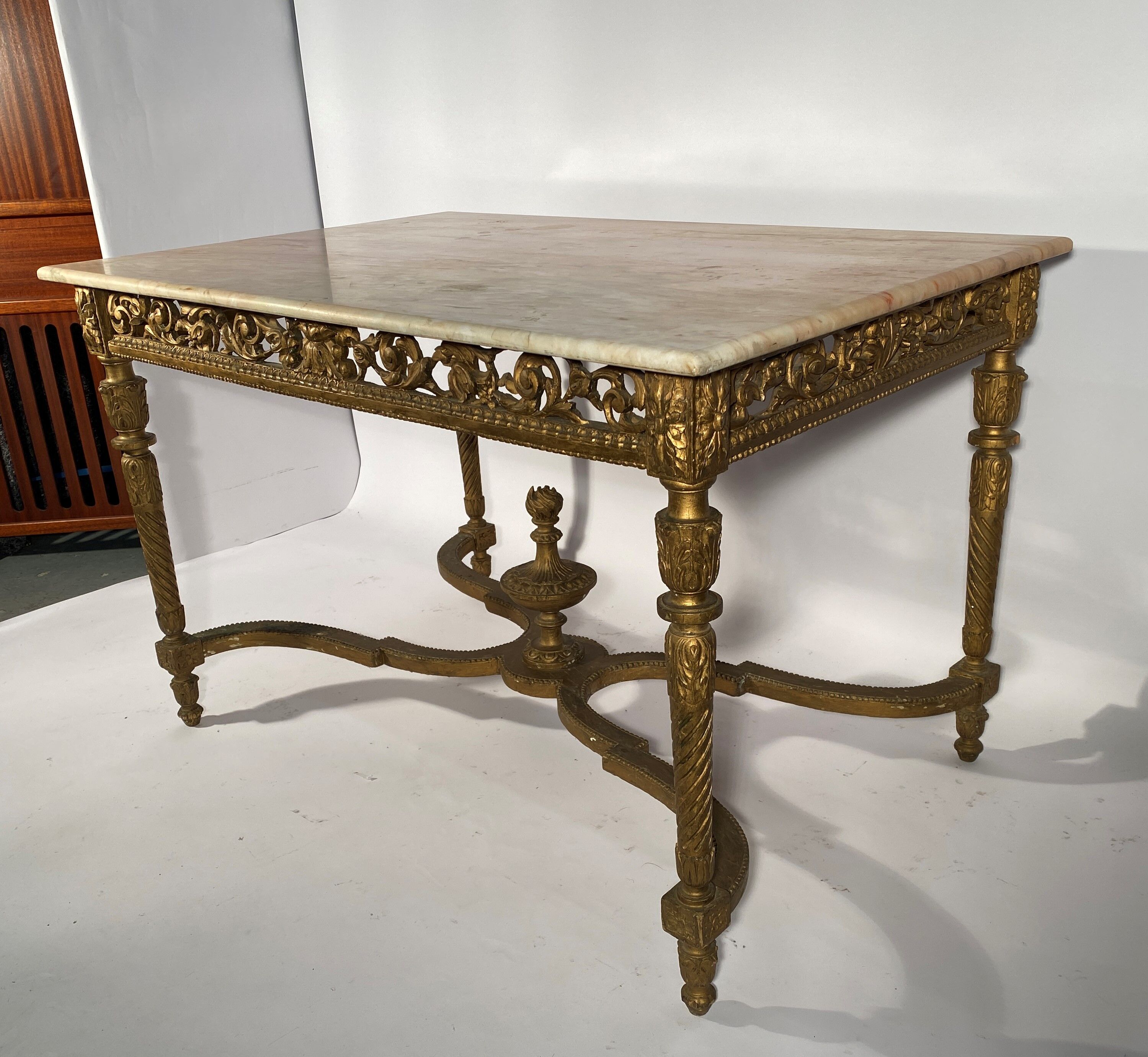 Middle wooden table with green-golden patina Louis XVI style, nineteenth century.