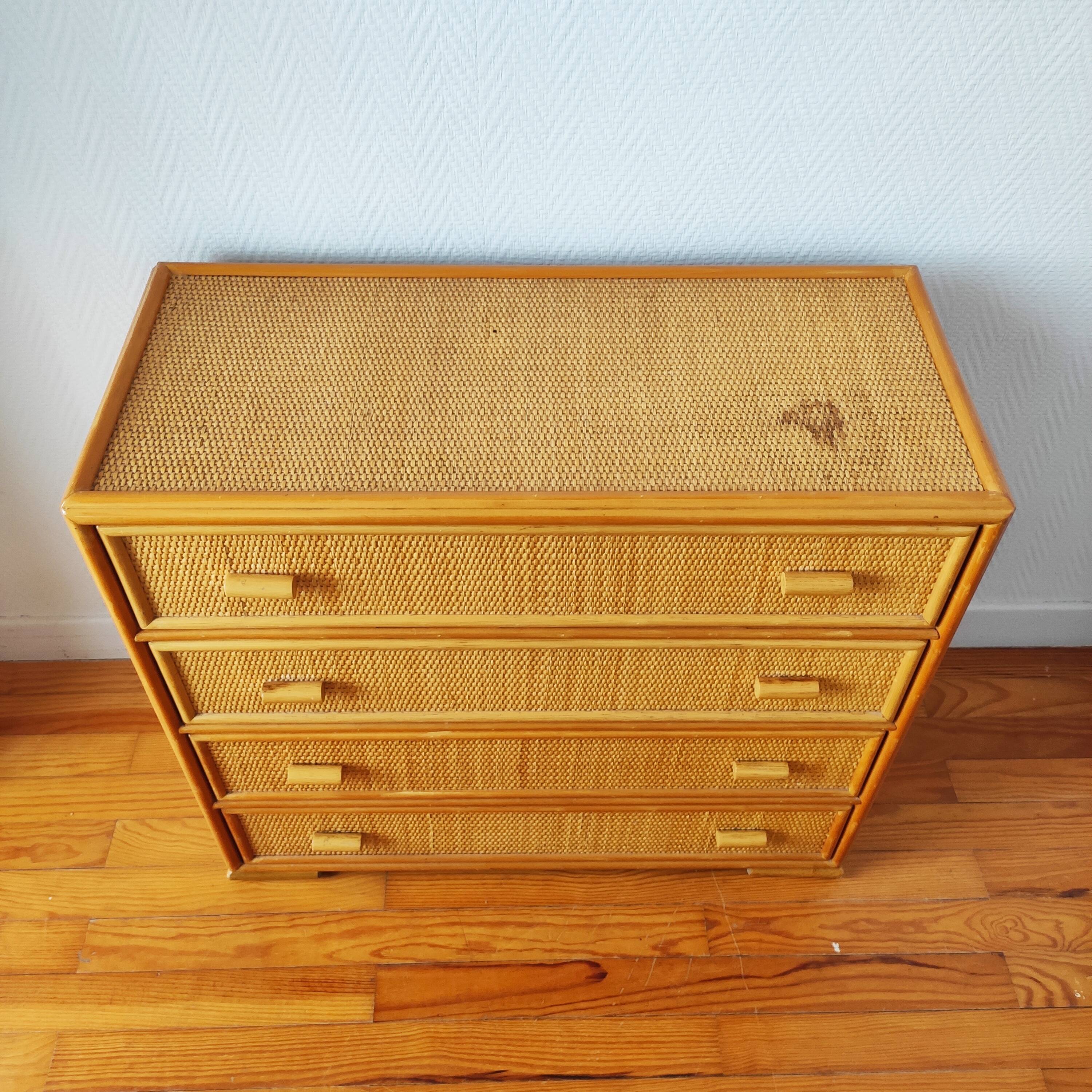Vintage chest of drawers in light rattan
