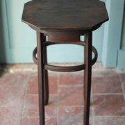 Wooden drawer table or 19th-century work table with a curved wooden stretcher, in the style of Thonet, circa 1900-1920.